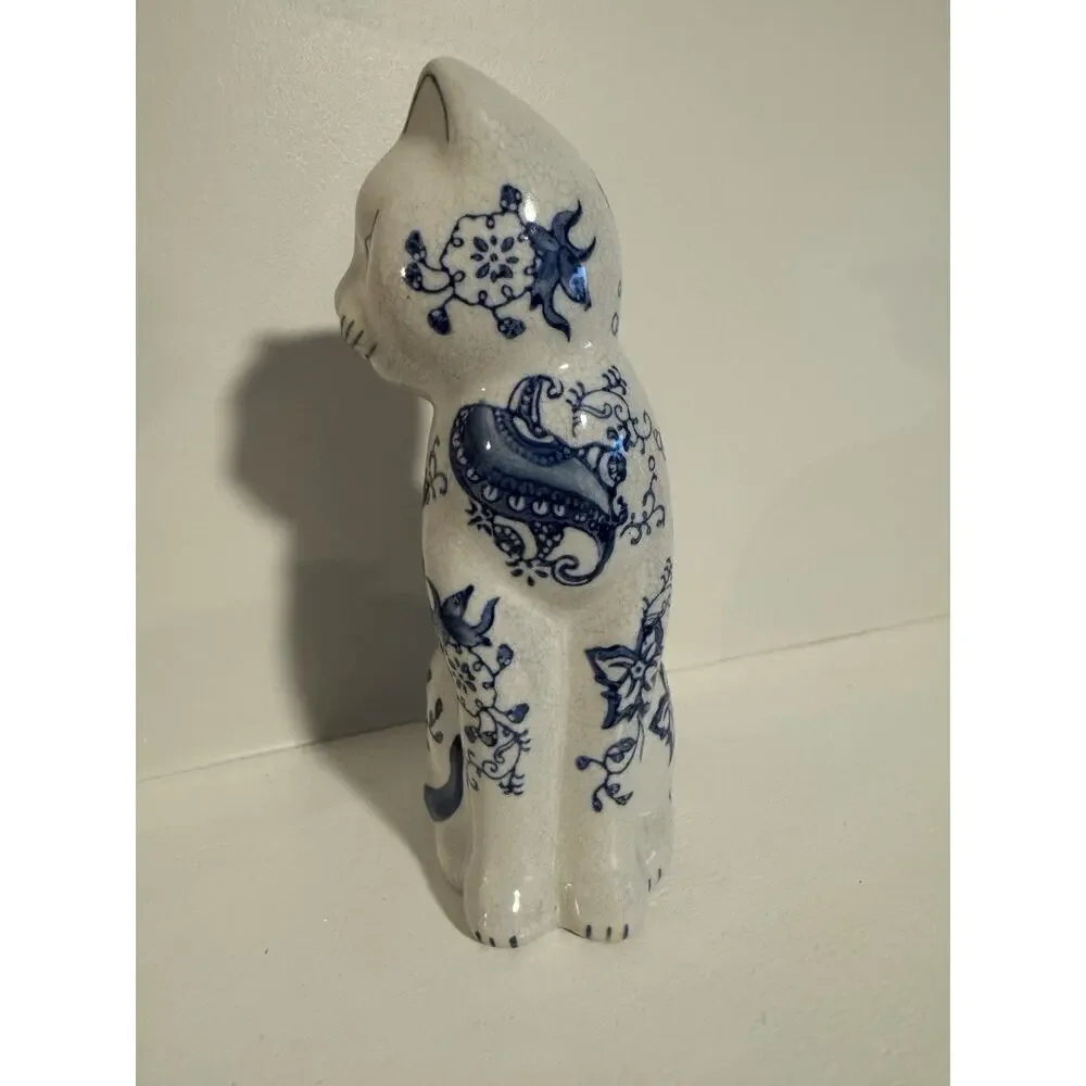 Vintage Cat Figurine Ceramic Blue and White Cottagecore Formalities by Baum Bros